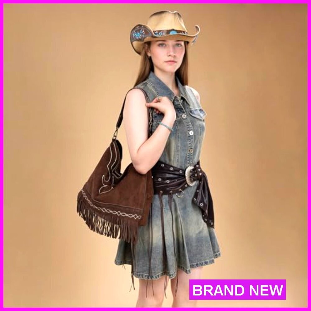 Fringe Suede Hobo Bag Designer Top Handle Shoulder Bag Western Boho Chic - Picture 2 of 6